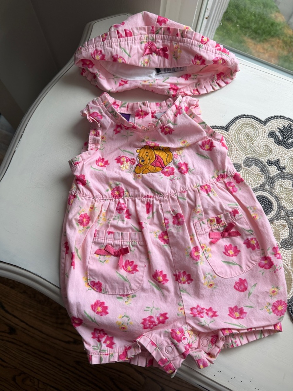Vintage Winnie the Pooh pink floral embroidered matching romper set with hat